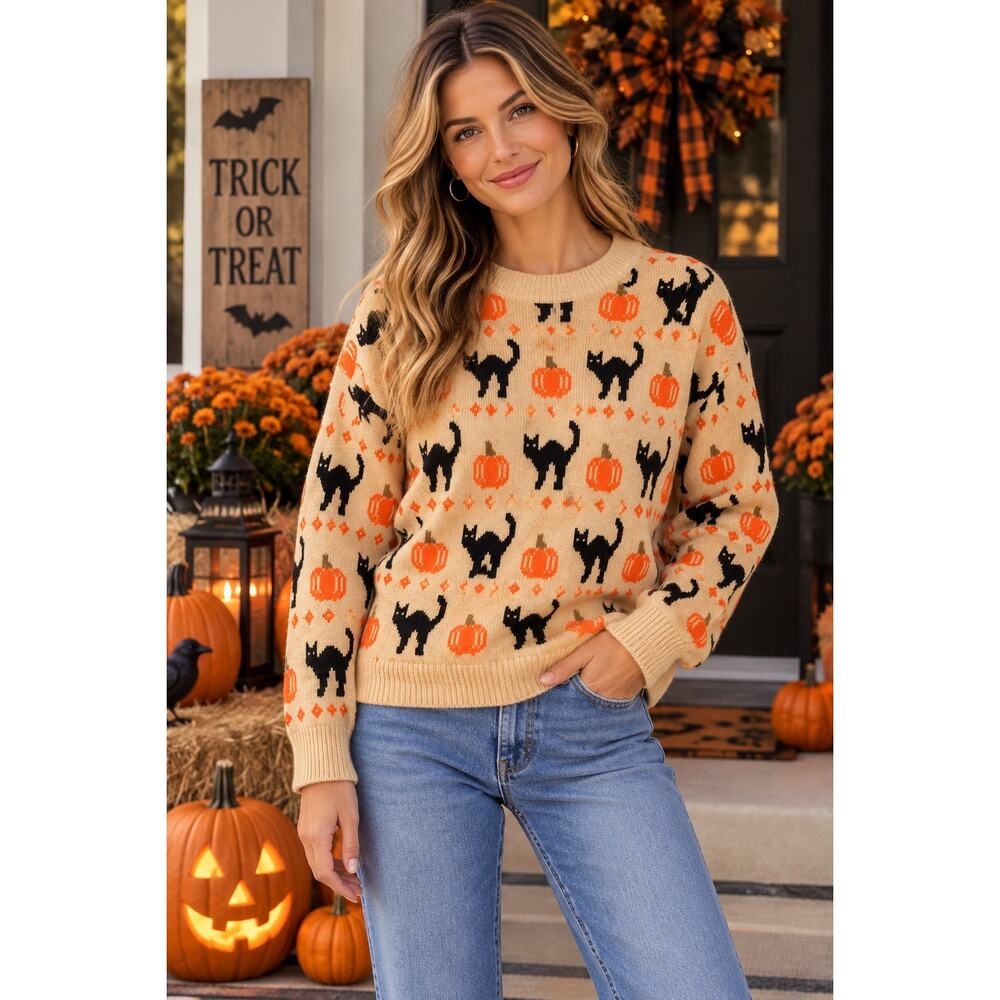 Vince Camuto Large Womens Sweater Black Cat Pumpkin Halloween Crewneck